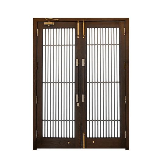 Artisanal Craftsmanship: Modern Wooden Door with Iron Lines Design