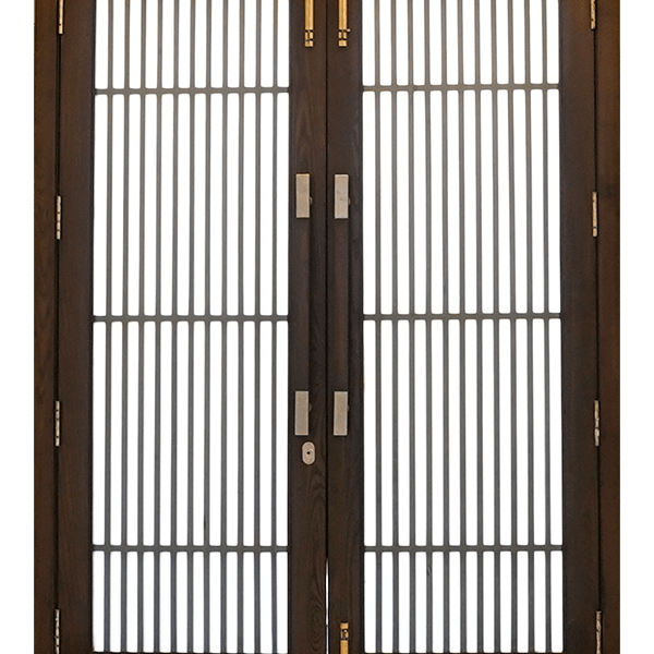 Artisanal Craftsmanship: Modern Wooden Door with Iron Lines Design