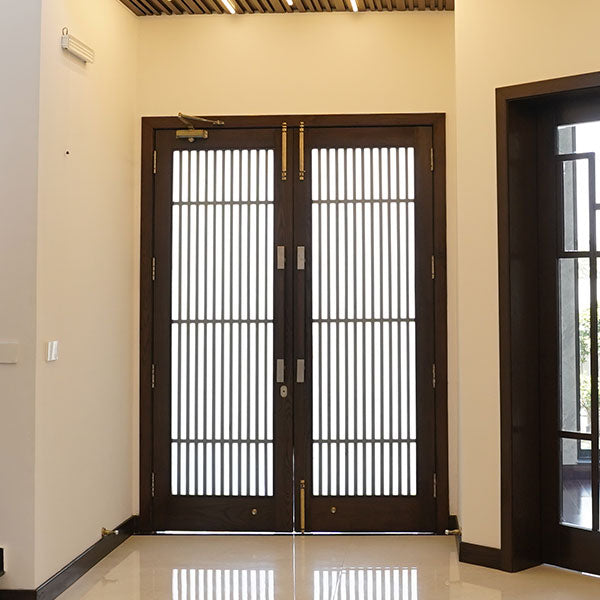 Artisanal Craftsmanship: Modern Wooden Door with Iron Lines Design